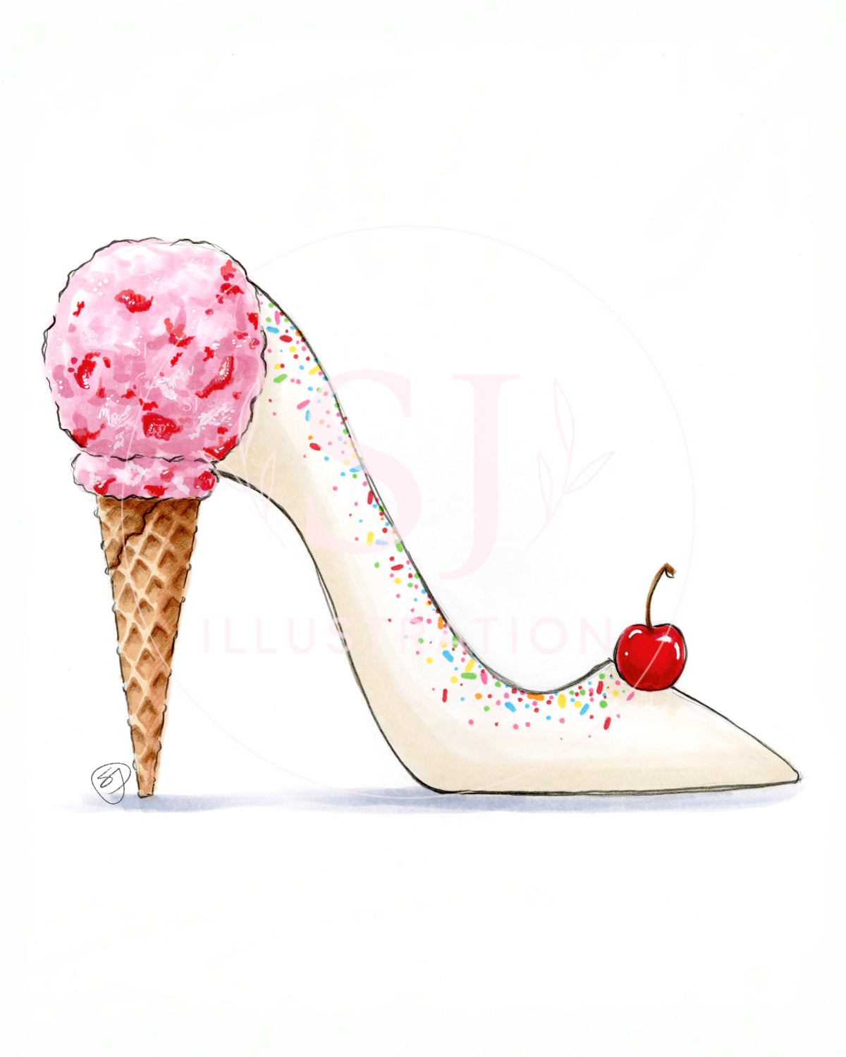 A Sweet Stiletto (Strawberry Ice Cream) | Whimsical Stiletto Fashion Illustration (PRINT)