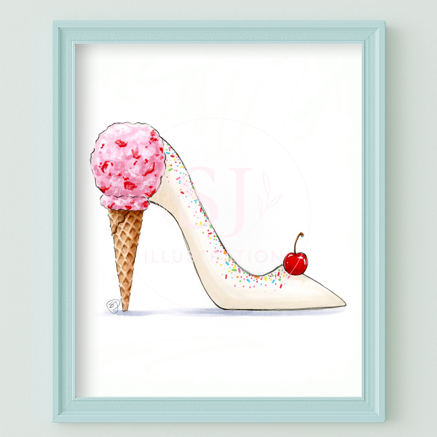 A Sweet Stiletto (Strawberry Ice Cream) | Whimsical Stiletto Fashion Illustration (PRINT)