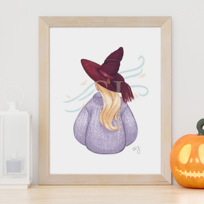 Brrrgundy Knit (Cozy Witch Series)  |  Cozy Witch Illustration (EMBELLISHED PRINT)