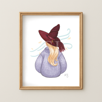 Cozy Witch Series: Brrrgundy Knit  |  Cottagecore Witch Illustration (EMBELLISHED PRINT)