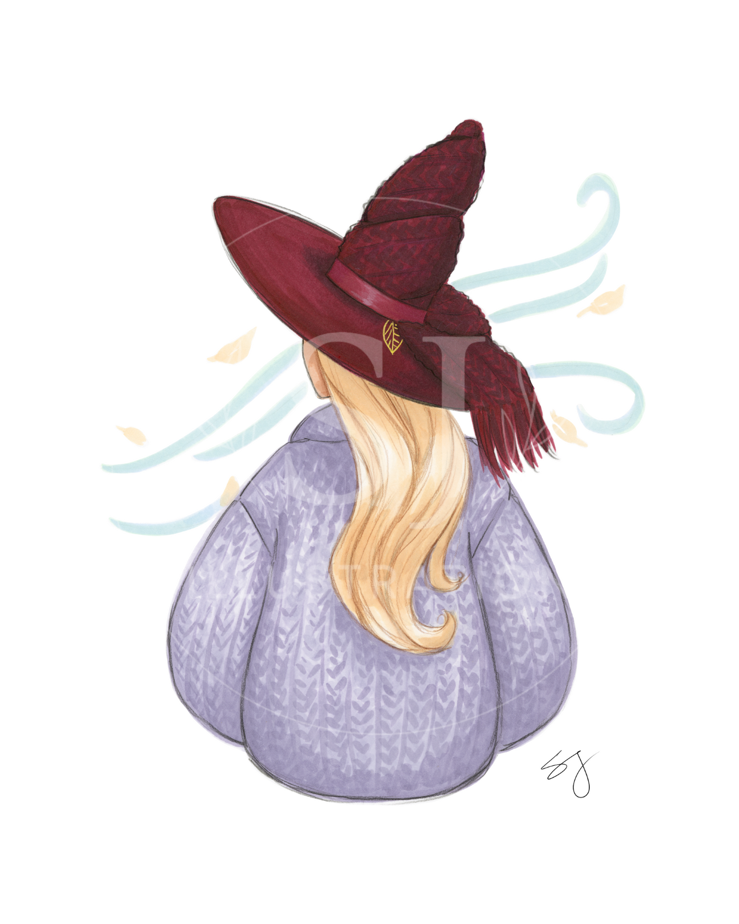 Brrrgundy Knit (Cozy Witch Series)  |  Cozy Witch Illustration (EMBELLISHED PRINT)