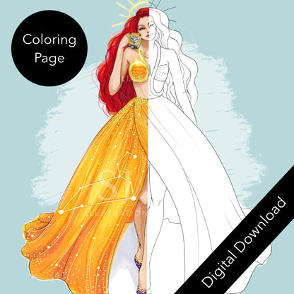 Leo (series 1)  |  Zodiac Fashion Sketch (DIGITAL DOWNLOAD Coloring Page)