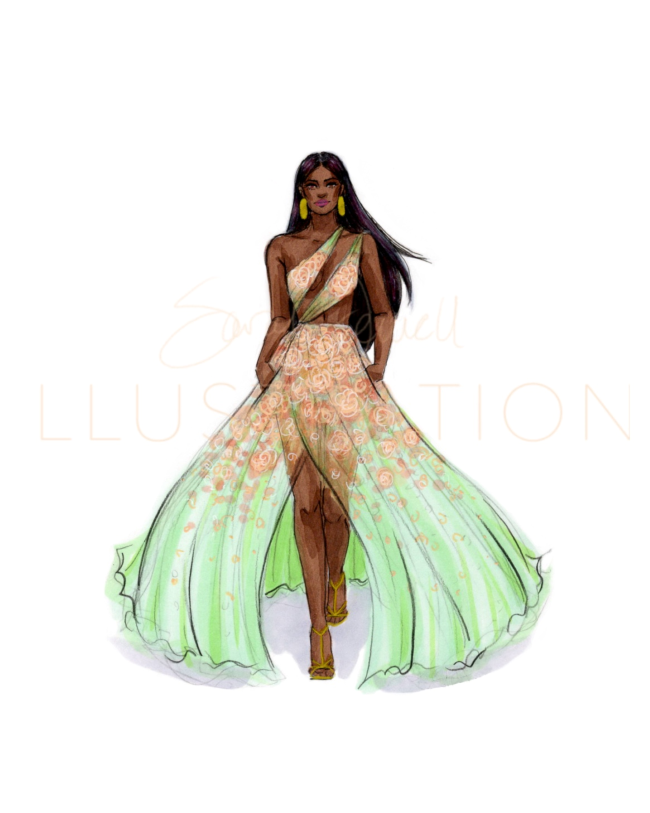 Peach and Mint Gown | Fashion Illustration (EMBELLISHED PRINT)