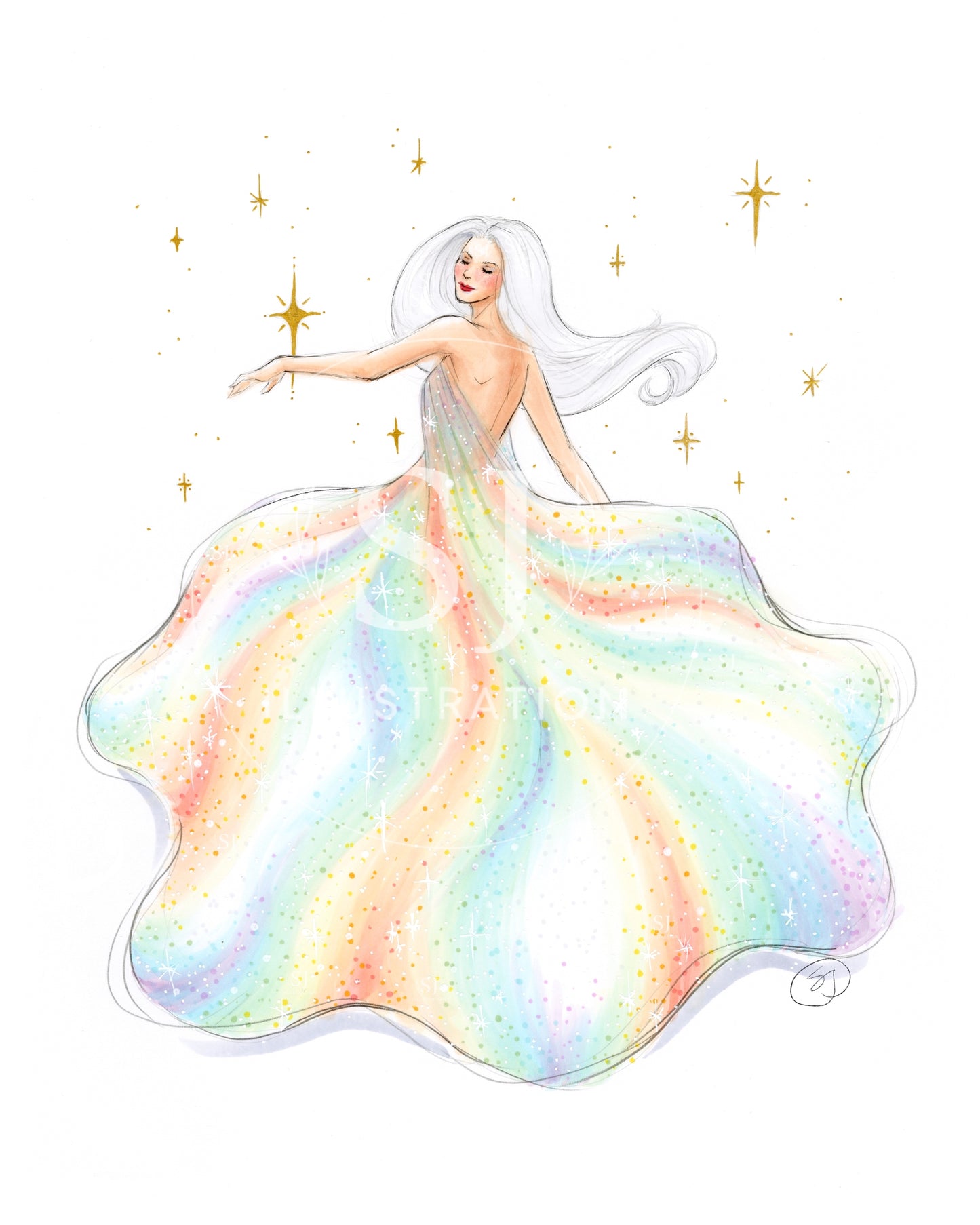 Rainbow Sparkle Gown  |  Summery Fashion Illustration (PRINT)