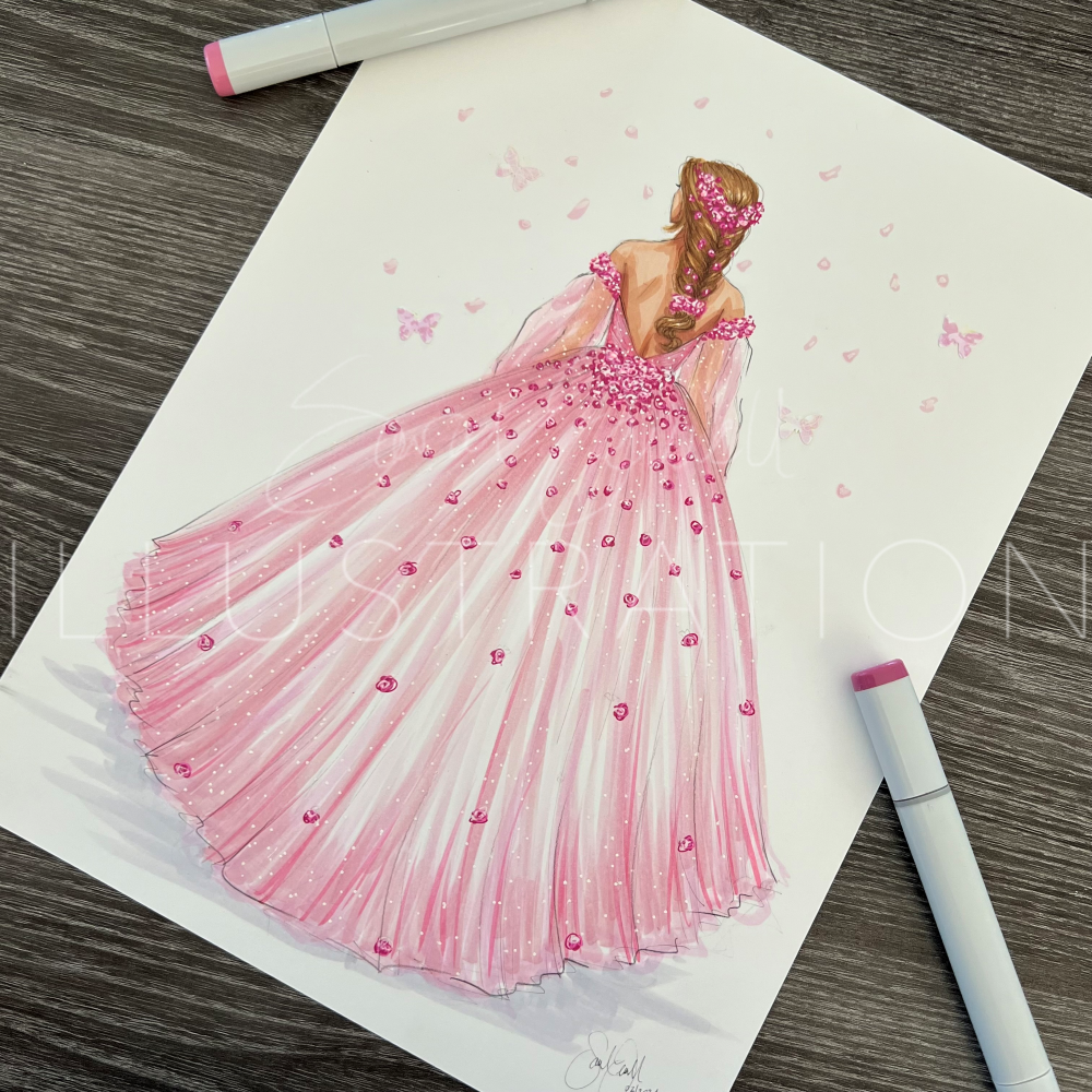 Pink Floral Ballgown  |  Fashion Illustration (ORIGINAL)